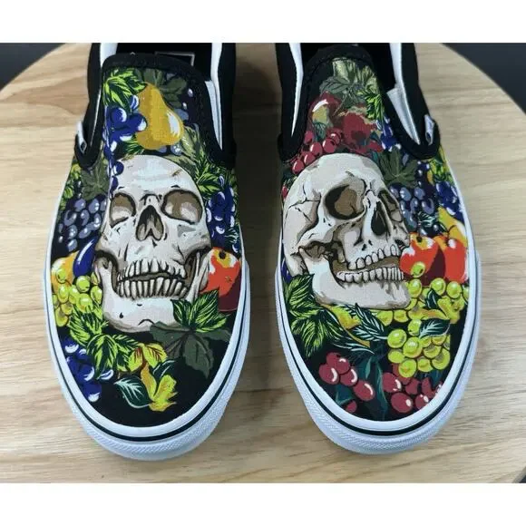 Vans Classic Slip-On Fruit’ Skull Black White Canvas Shoes Sz Men 8.5 Women 10 - Picture 4 of 13